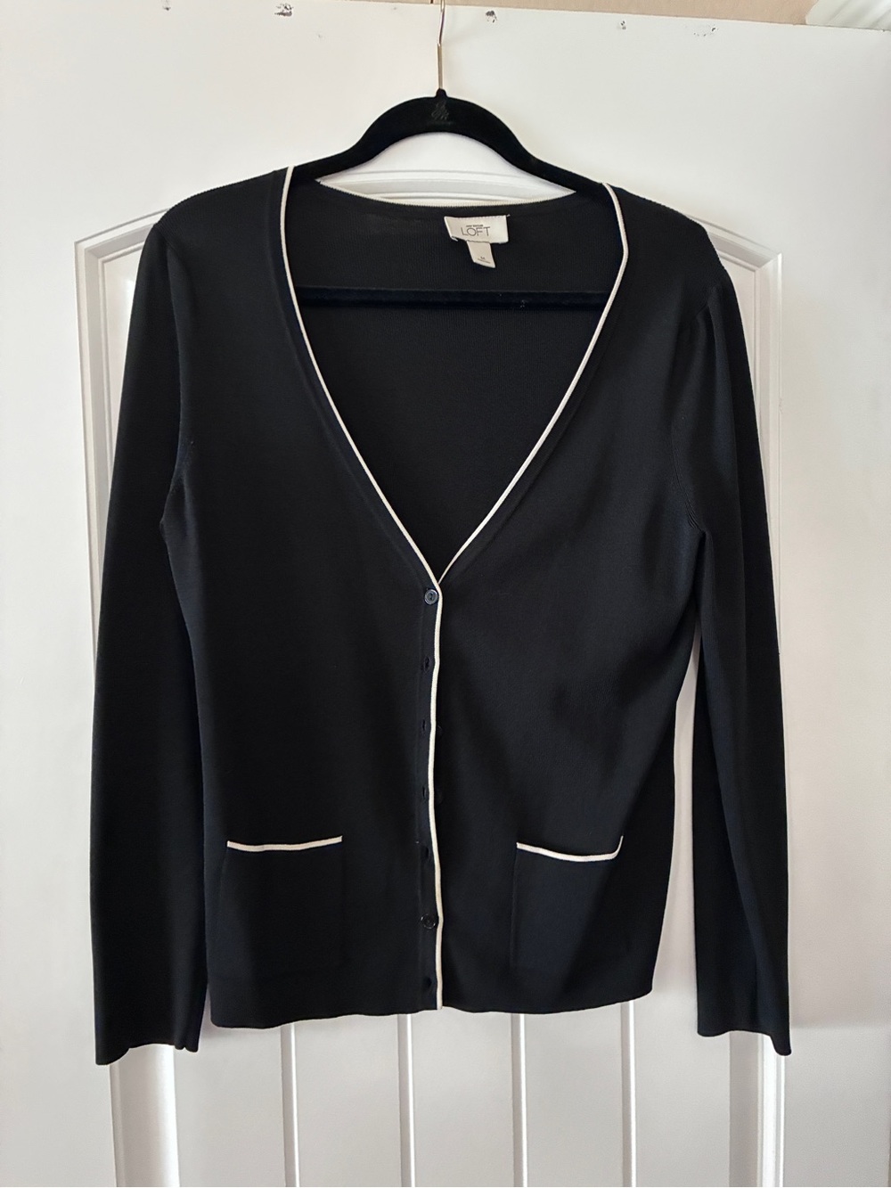 Ann Taylor Loft Black ribbed knit Cardigan with White Trim